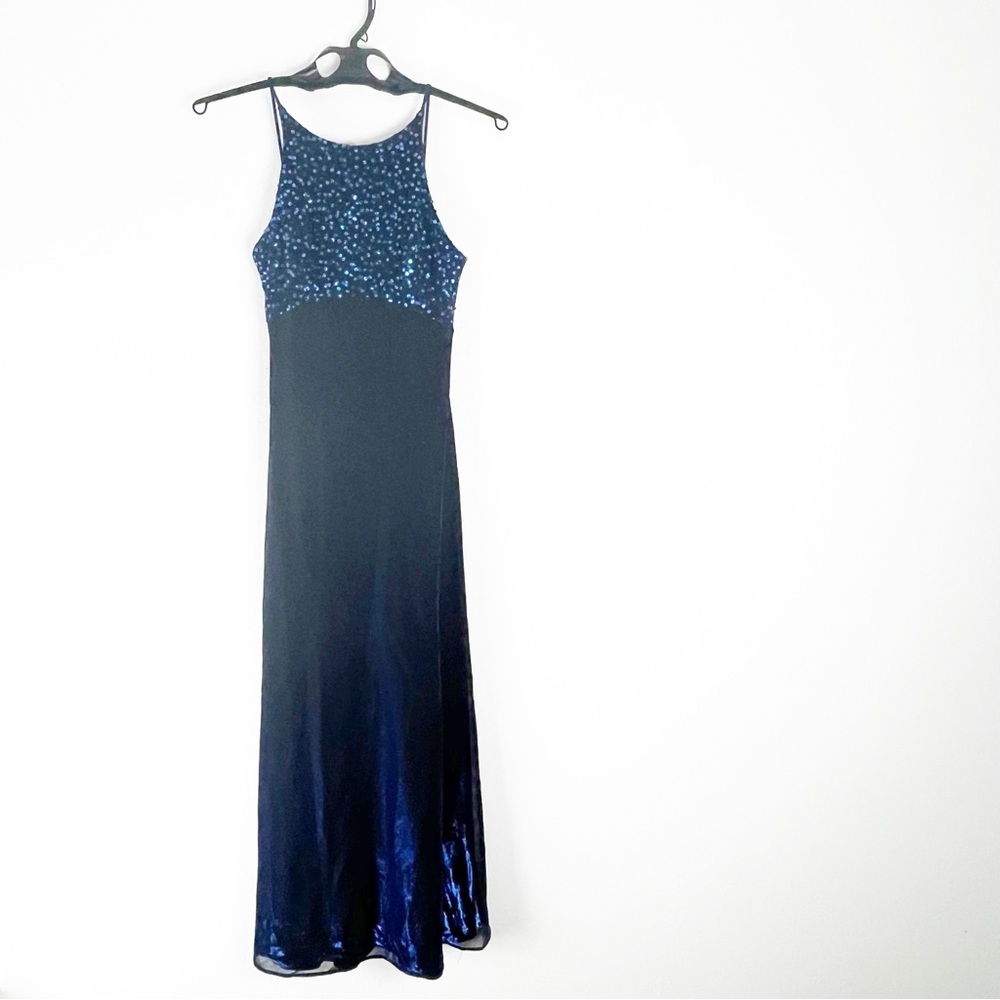 MORGAN & CO. Blue Sequin Top Strappy Back Iridescent Skirt Maxi Dress, Size 3/4